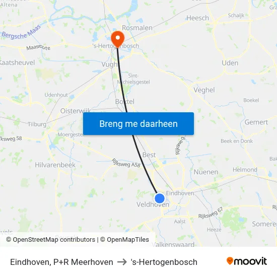 Eindhoven, P+R Meerhoven to 's-Hertogenbosch map