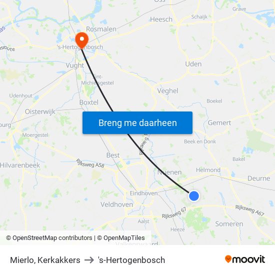 Mierlo, Kerkakkers to 's-Hertogenbosch map