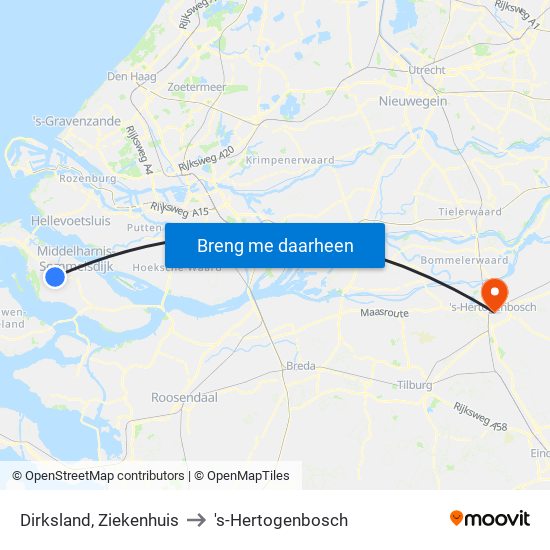 Dirksland, Ziekenhuis to 's-Hertogenbosch map