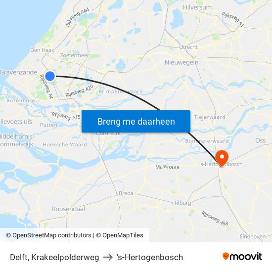 Delft, Krakeelpolderweg to 's-Hertogenbosch map