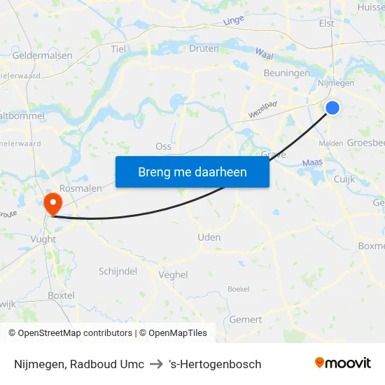 Nijmegen, Radboud Umc to 's-Hertogenbosch map