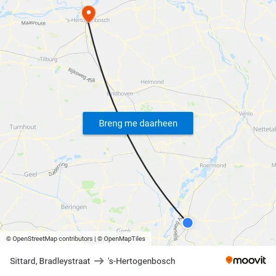 Sittard, Bradleystraat to 's-Hertogenbosch map