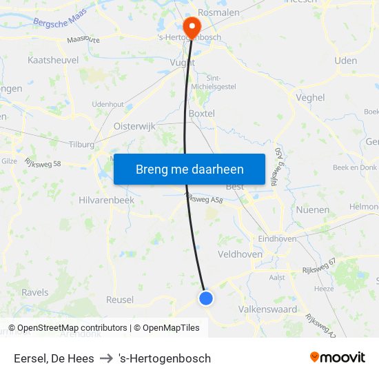 Eersel, De Hees to 's-Hertogenbosch map