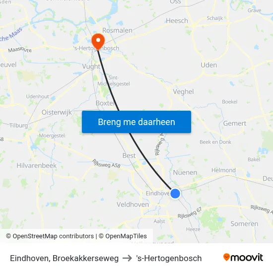 Eindhoven, Broekakkerseweg to 's-Hertogenbosch map