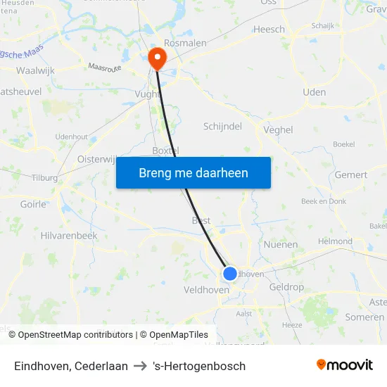 Eindhoven, Cederlaan to 's-Hertogenbosch map