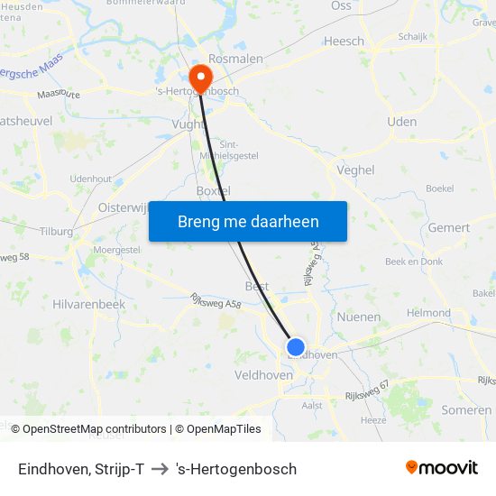 Eindhoven, Strijp-T to 's-Hertogenbosch map