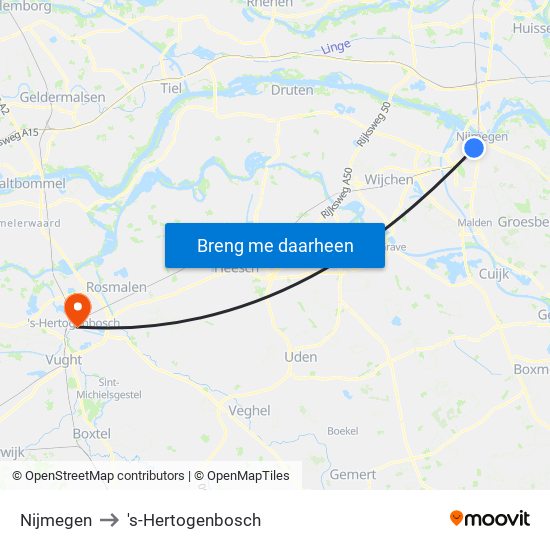 Nijmegen to 's-Hertogenbosch map
