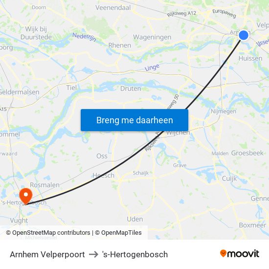 Arnhem Velperpoort to 's-Hertogenbosch map