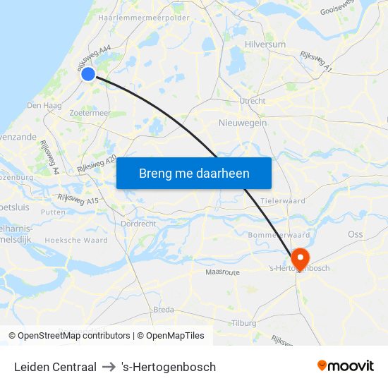 Leiden Centraal to 's-Hertogenbosch map
