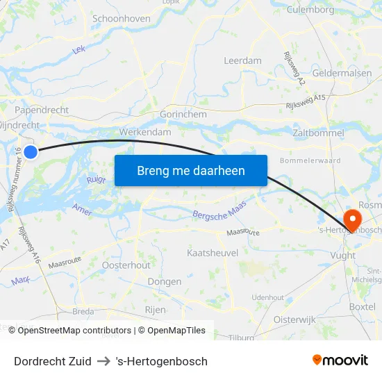 Dordrecht Zuid to 's-Hertogenbosch map