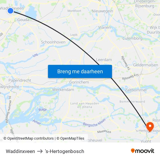 Waddinxveen to 's-Hertogenbosch map