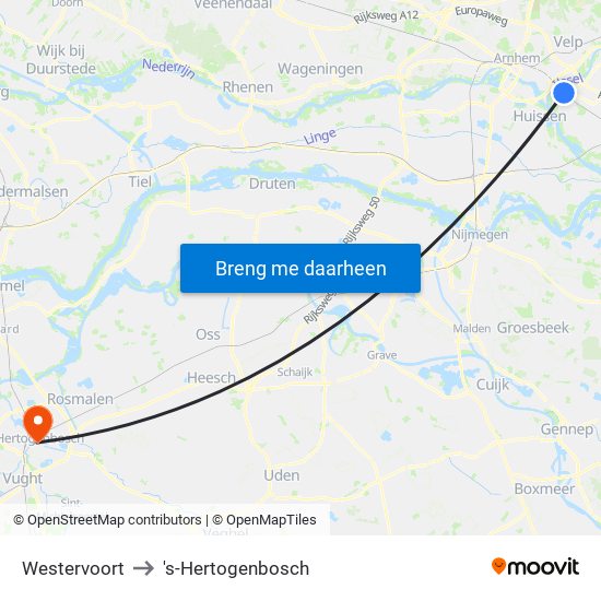 Westervoort to 's-Hertogenbosch map