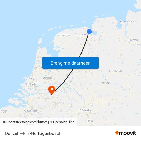 Delfzijl to 's-Hertogenbosch map