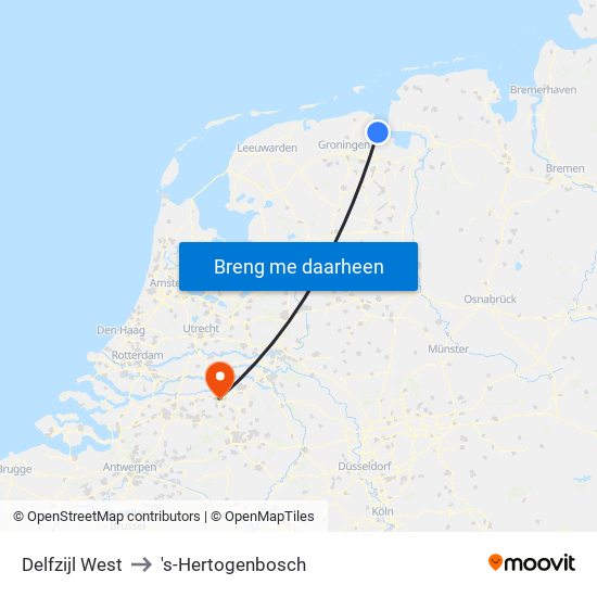 Delfzijl West to 's-Hertogenbosch map