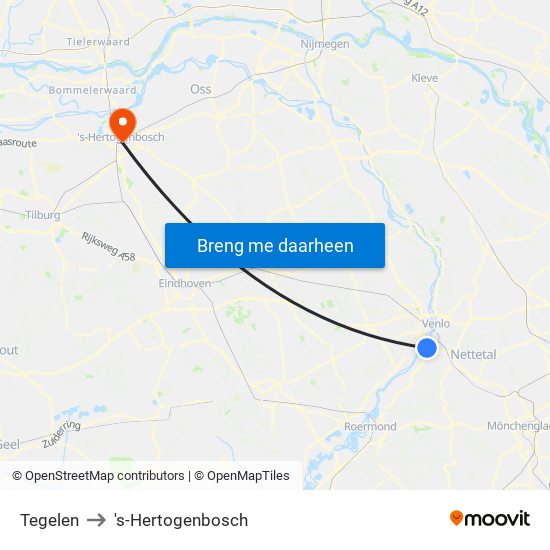 Tegelen to 's-Hertogenbosch map