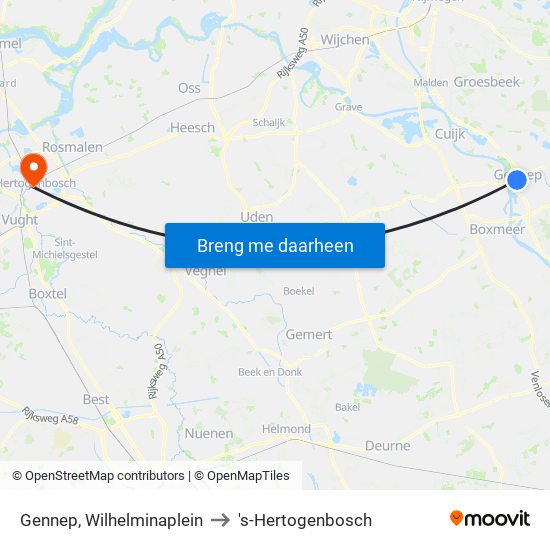 Gennep, Wilhelminaplein to 's-Hertogenbosch map