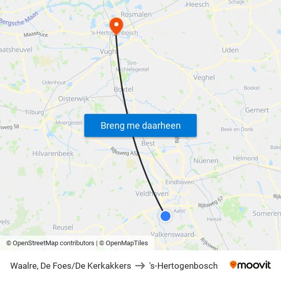 Waalre, De Foes/De Kerkakkers to 's-Hertogenbosch map