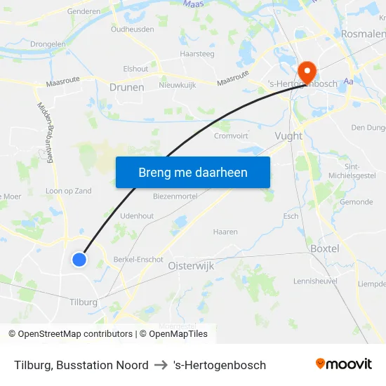 Tilburg, Busstation Noord to 's-Hertogenbosch map