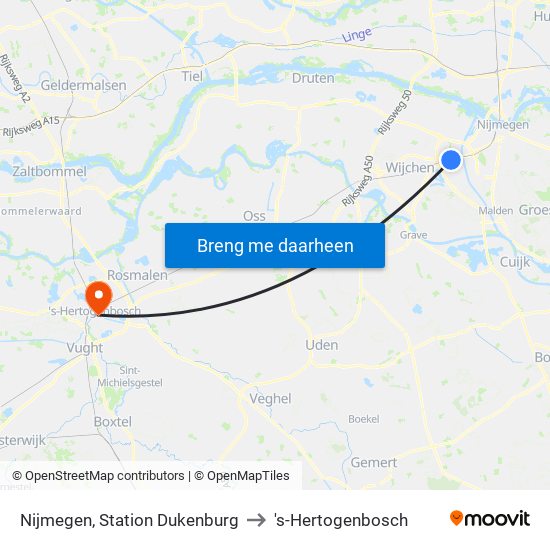 Nijmegen, Station Dukenburg to 's-Hertogenbosch map