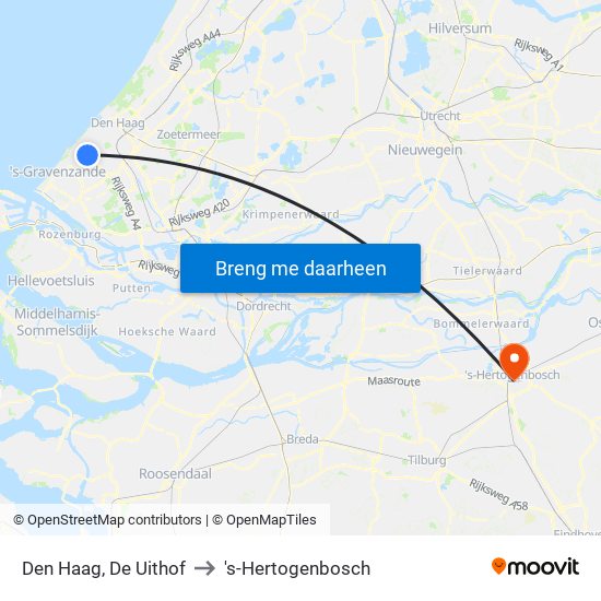 Den Haag, De Uithof to 's-Hertogenbosch map