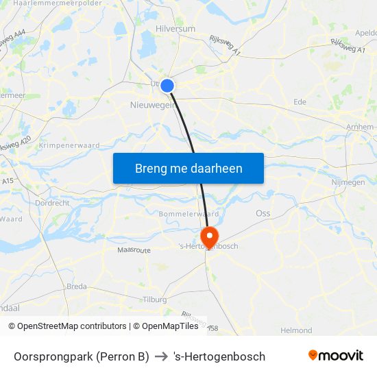 Oorsprongpark (Perron B) to 's-Hertogenbosch map