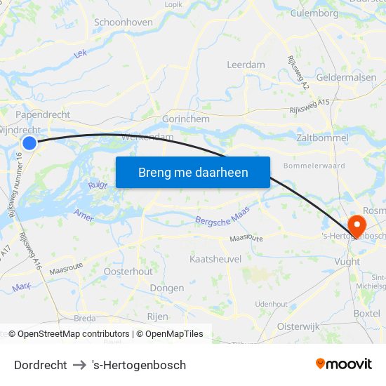 Dordrecht to 's-Hertogenbosch map