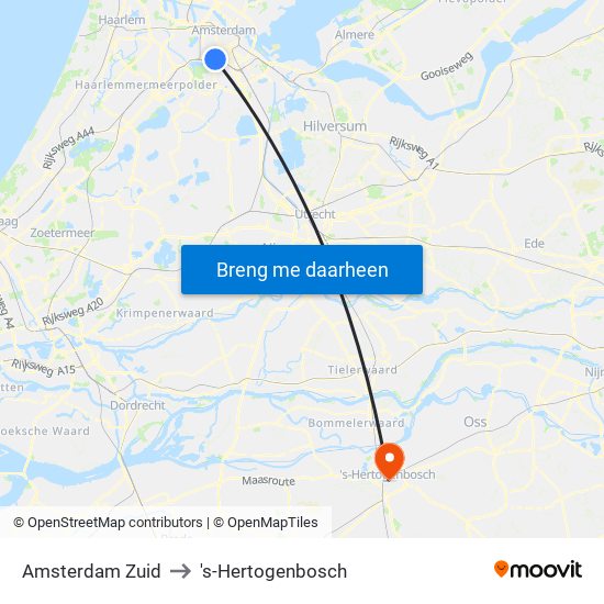 Amsterdam Zuid to 's-Hertogenbosch map