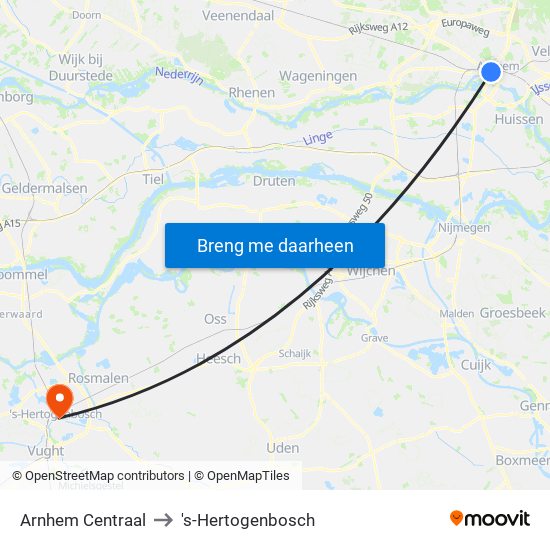 Arnhem Centraal to 's-Hertogenbosch map