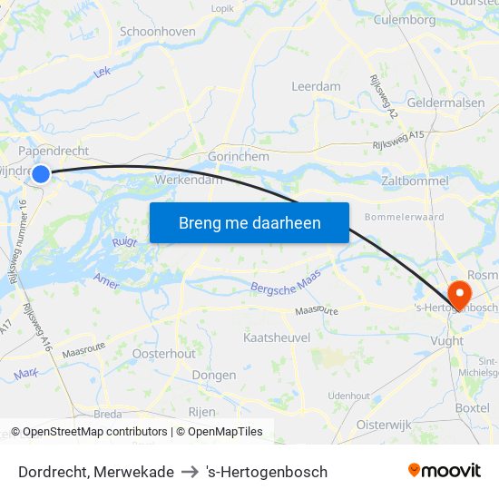 Dordrecht, Merwekade to 's-Hertogenbosch map