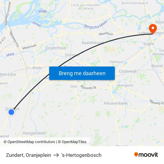 Zundert, Oranjeplein to 's-Hertogenbosch map