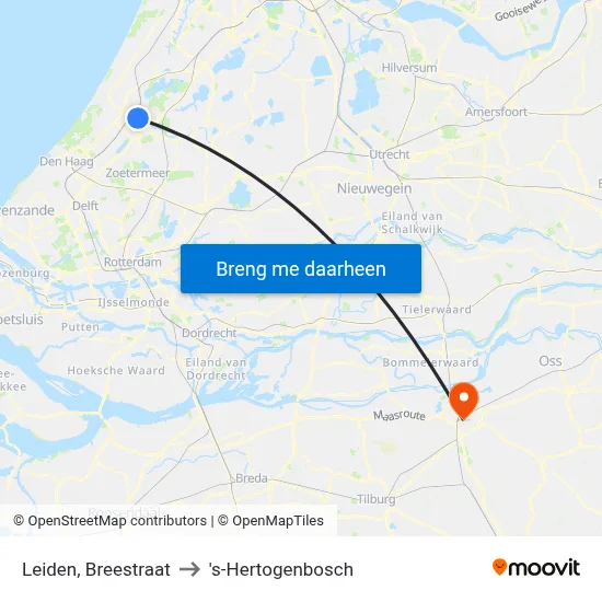 Leiden, Breestraat to 's-Hertogenbosch map
