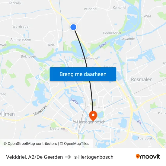 Velddriel, A2/De Geerden to 's-Hertogenbosch map