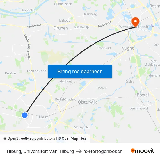 Tilburg, Universiteit Van Tilburg to 's-Hertogenbosch map
