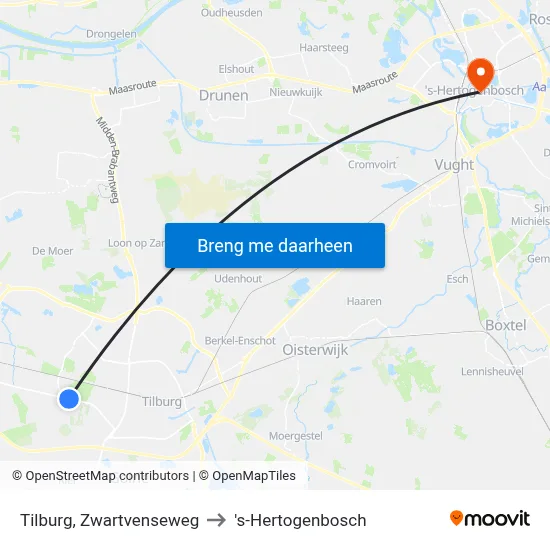 Tilburg, Zwartvenseweg to 's-Hertogenbosch map