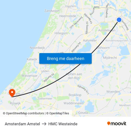 Amsterdam Amstel to HMC Westeinde map