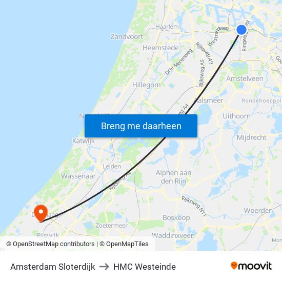 Amsterdam Sloterdijk to HMC Westeinde map