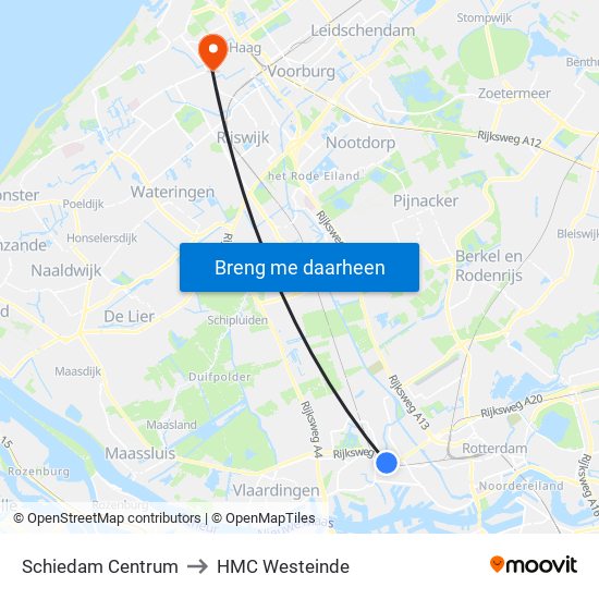 Schiedam Centrum to HMC Westeinde map