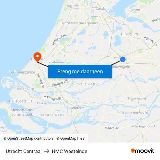Utrecht Centraal to HMC Westeinde map