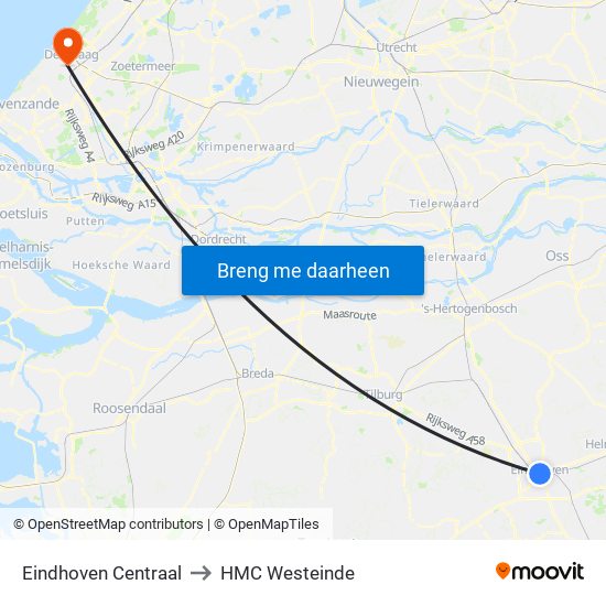 Eindhoven Centraal to HMC Westeinde map