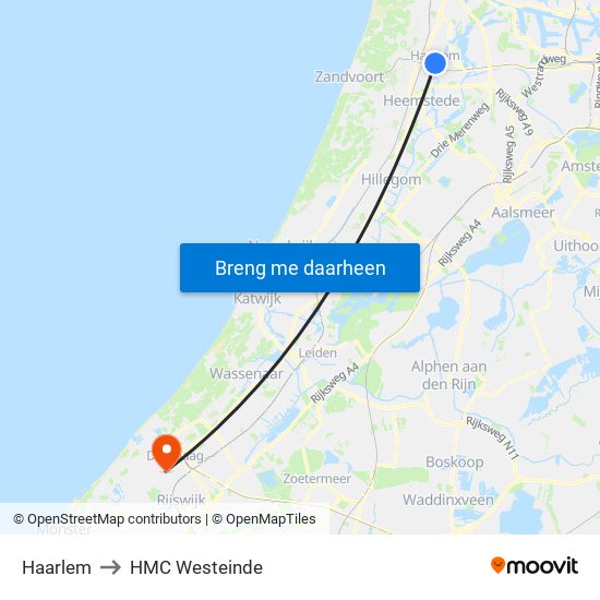 Haarlem to HMC Westeinde map