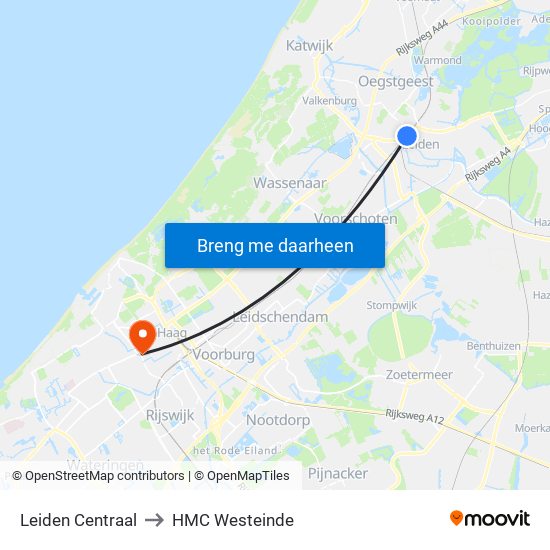 Leiden Centraal to HMC Westeinde map