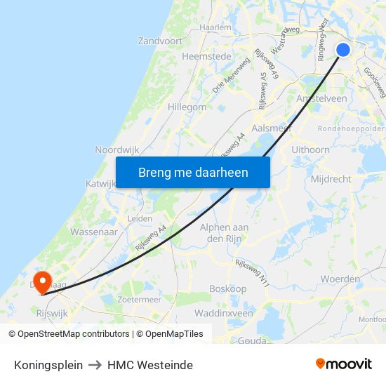 Koningsplein to HMC Westeinde map