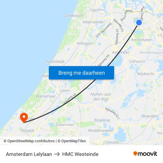 Amsterdam Lelylaan to HMC Westeinde map