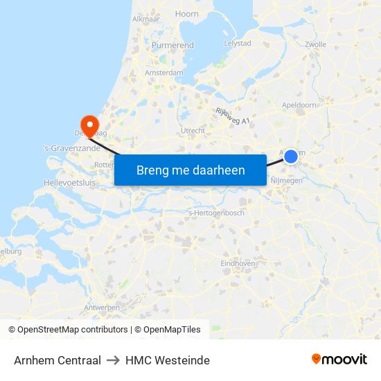 Arnhem Centraal to HMC Westeinde map