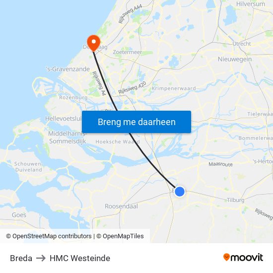 Breda to HMC Westeinde map