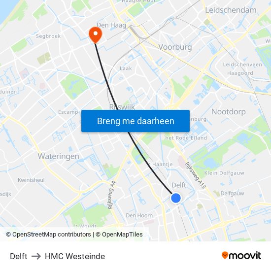 Delft to HMC Westeinde map