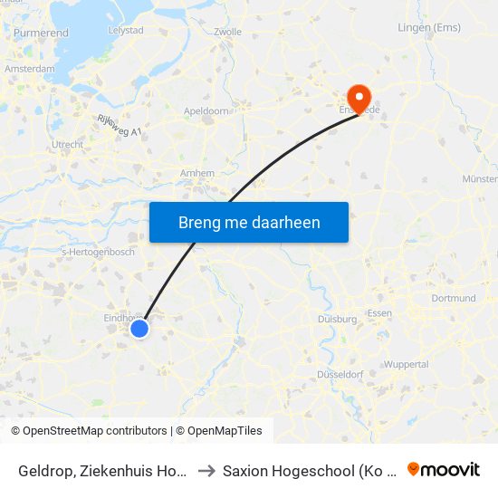 Geldrop, Ziekenhuis Hoofdingang to Saxion Hogeschool (Ko Wierenga) map