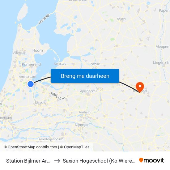 Station Bijlmer Arena to Saxion Hogeschool (Ko Wierenga) map