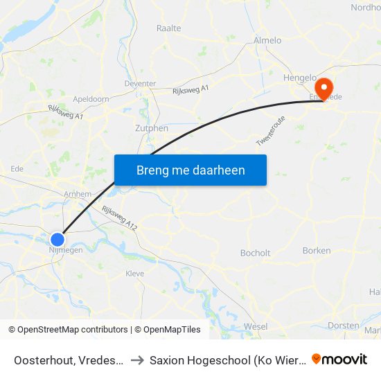 Oosterhout, Vredesplein to Saxion Hogeschool (Ko Wierenga) map