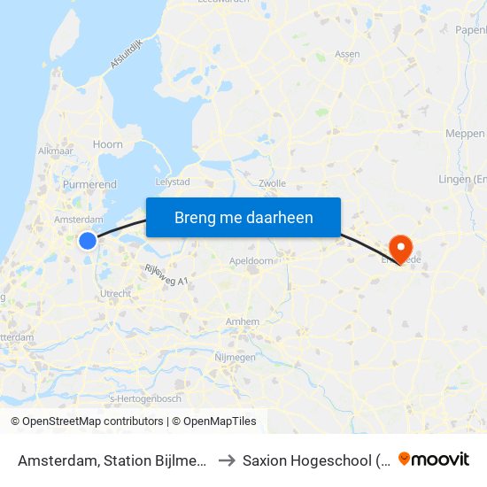 Amsterdam, Station Bijlmer Arena (Perron J) to Saxion Hogeschool (Ko Wierenga) map
